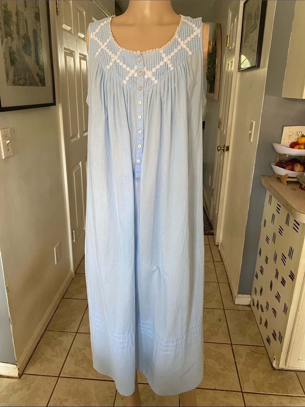 Eileen West Light Blue Sleeveless Nightgown with White Lace Yoke